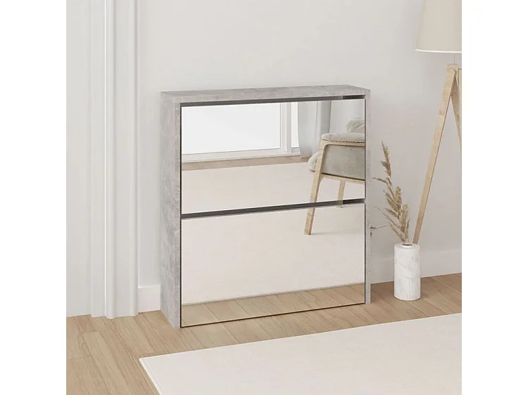 Armoire à chaussures 2 portes rabattables avec miroir Ranka H 67cm – Design moderne et élégant-Couleur Gris béton