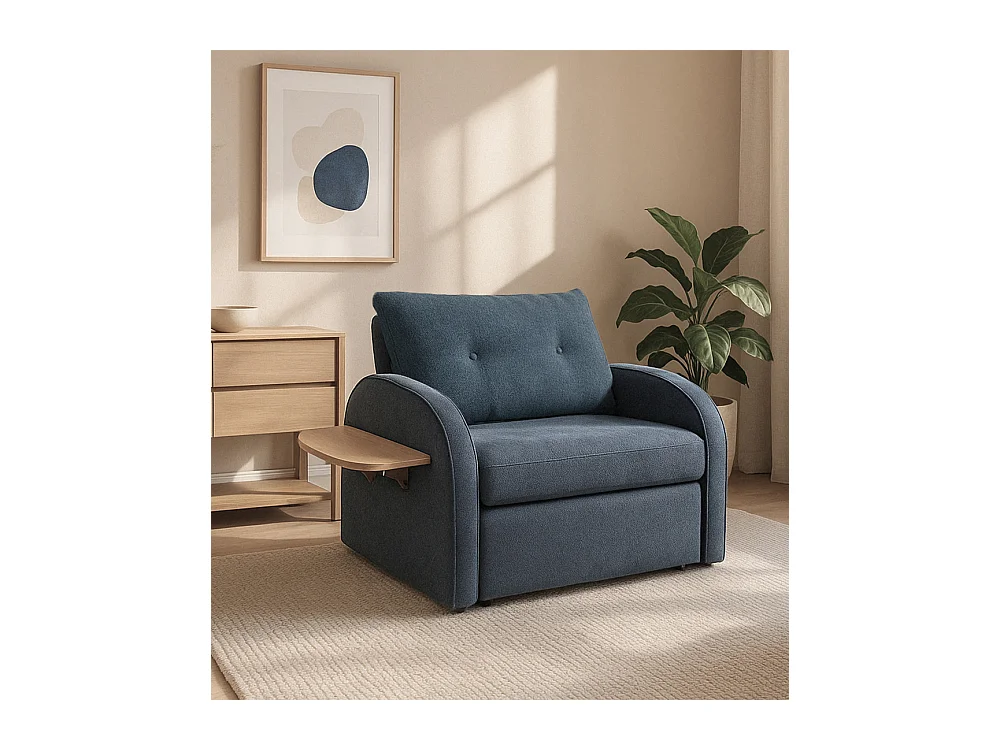 Sofá cama de 88x113-125x95-220 cm de tela en color azul con bandeja lateral plegable Thor