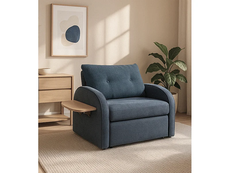 Sofá cama de 88x113-125x95-220 cm de tela en color azul con bandeja lateral plegable Thor