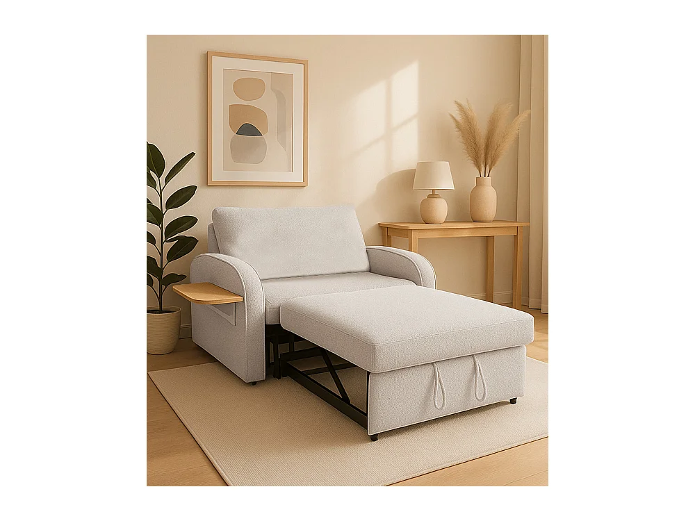 Sofá cama doble de 88x143-155x90-220 cm de tela en beige con bandeja lateral plegable Thor