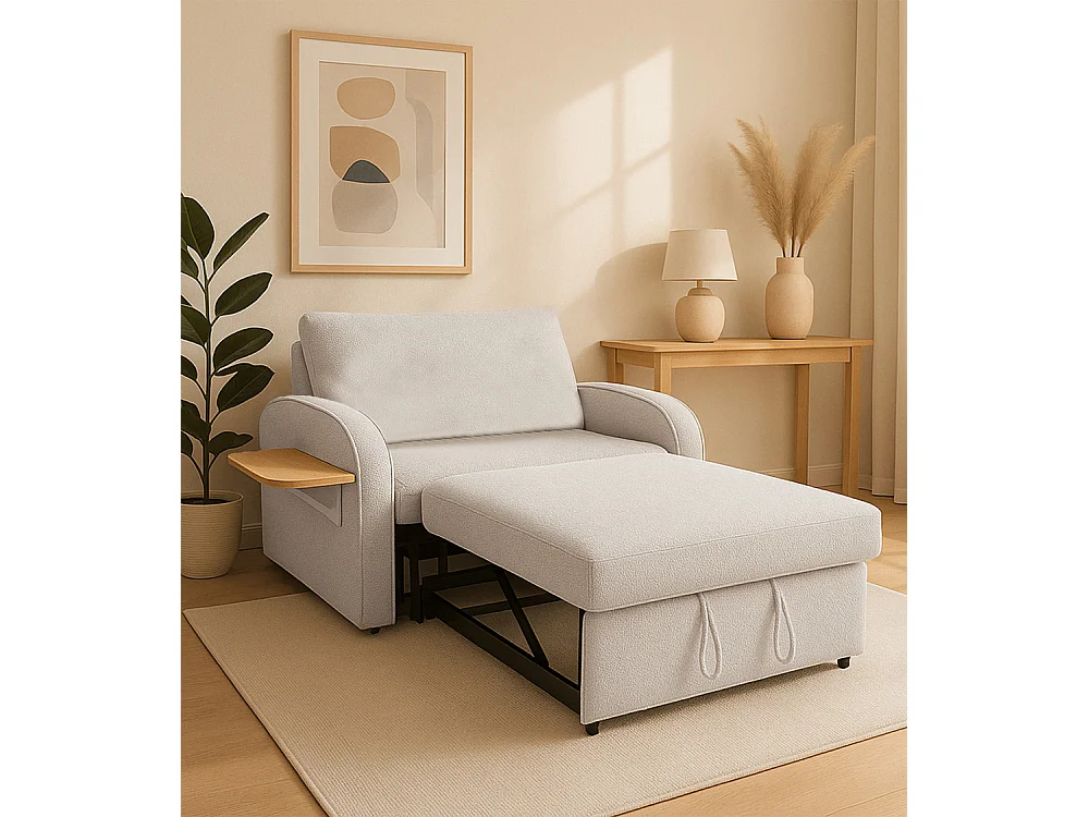 Sofá cama doble de 88x143-155x90-220 cm de tela en beige con bandeja lateral plegable Thor