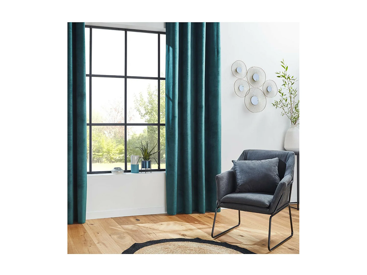 Rideau à œillets Occultant en Velours Vert cèdre motif en relief 140 x 260 cm