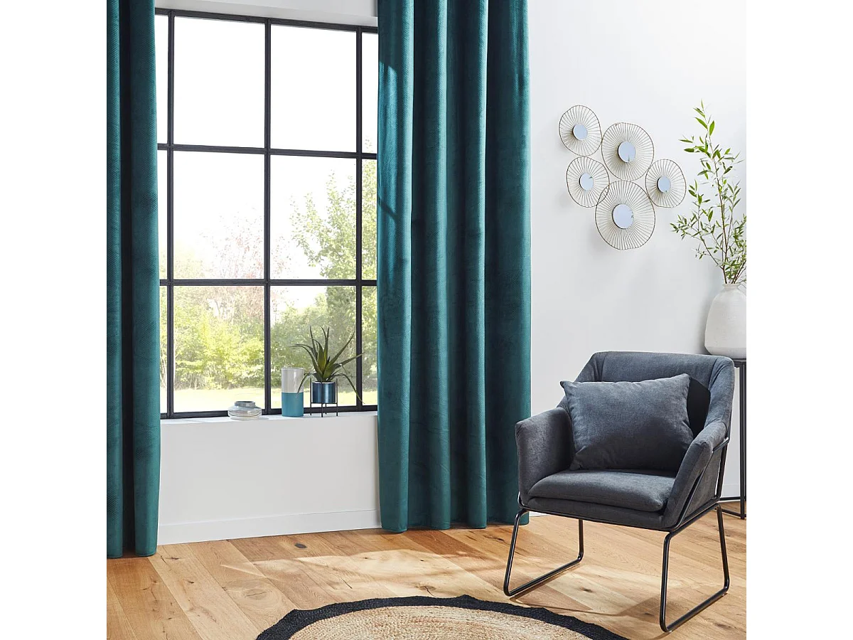 Rideau à œillets Occultant en Velours Vert cèdre motif en relief 140 x 260 cm