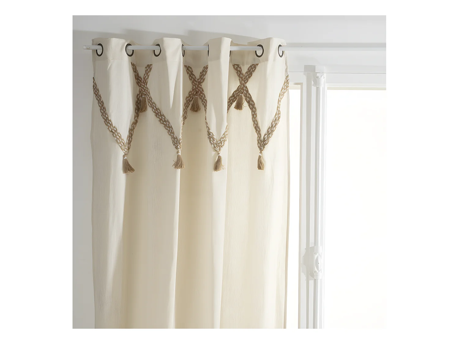 Rideau à œillets en Coton Beige lin avec 7 Pompons Jute 140 x 260 cm