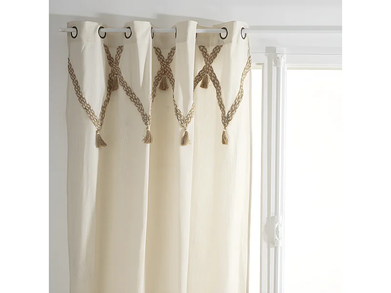 Rideau à œillets en Coton Beige lin avec 7 Pompons Jute 140 x 260 cm