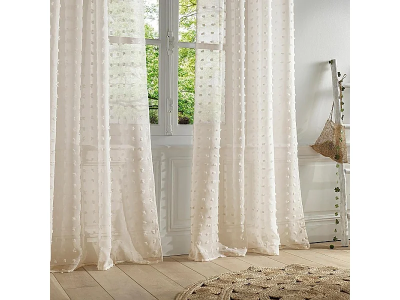 Voilage à œillets Beige motif petits pompons 140 x 240 cm