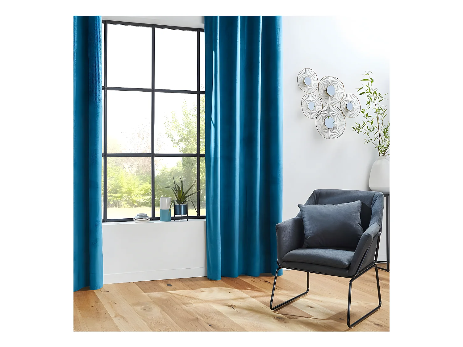 Rideau à œillets Occultant en Velours Bleu canard motif en relief 140 x 260 cm