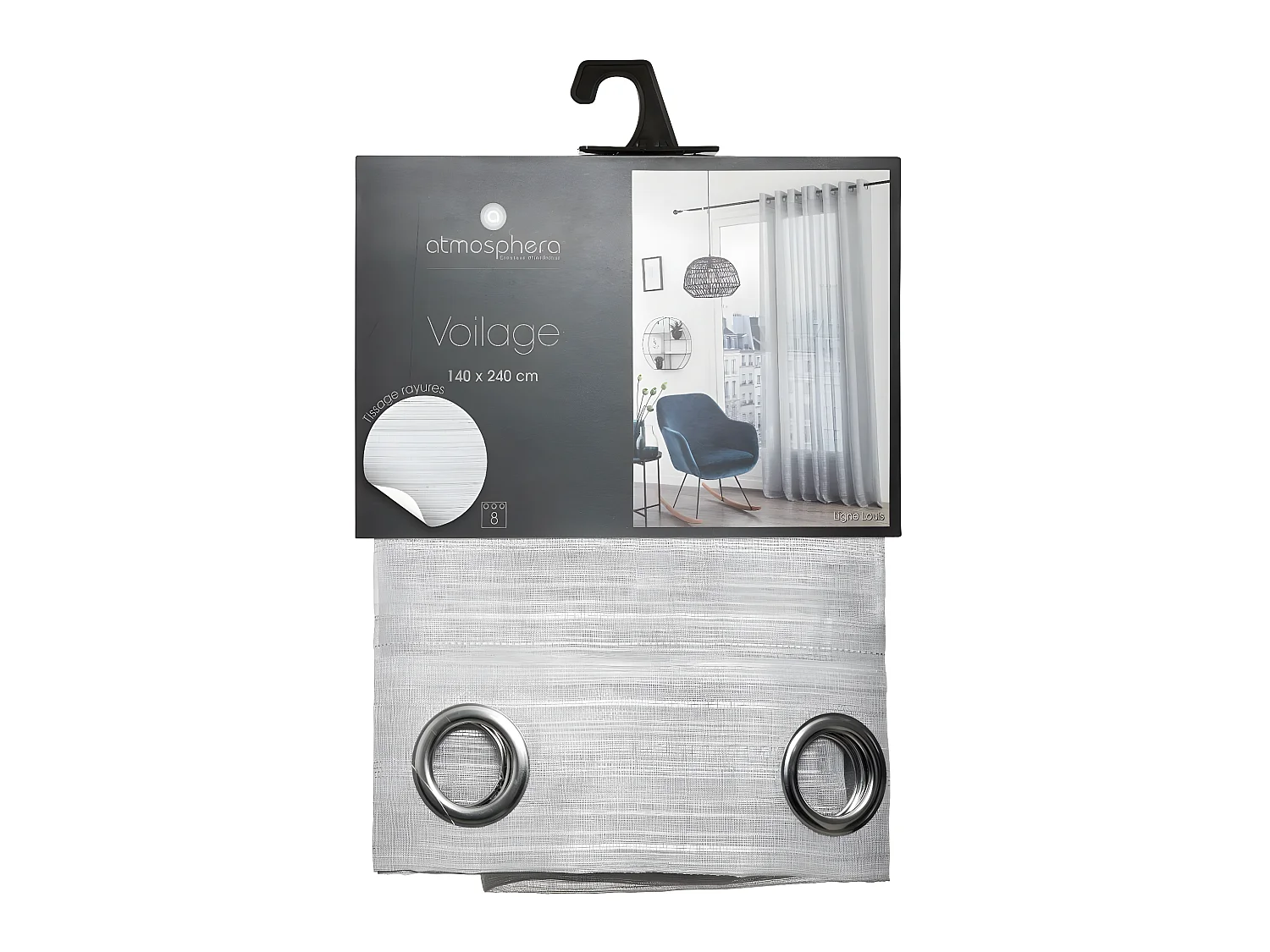 Voilage à œillets Gris tissage à rayures 140 x 240 cm