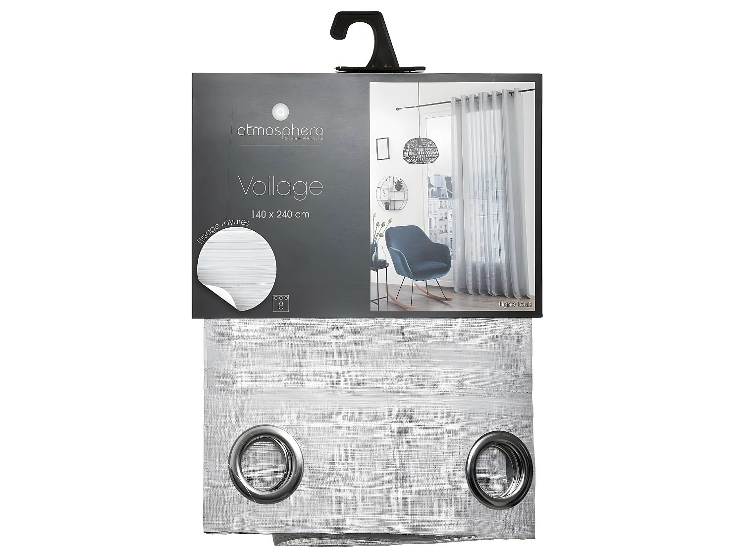 Voilage à œillets Gris tissage à rayures 140 x 240 cm