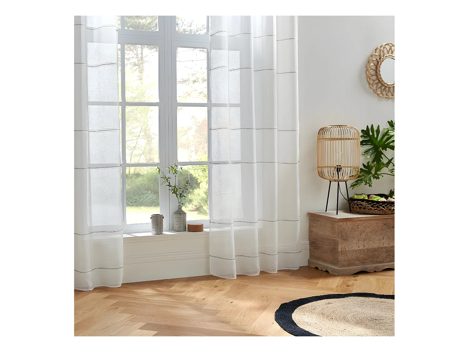 Voilage à œillets Blanc  avec lignes horizontales 140 x 240 cm