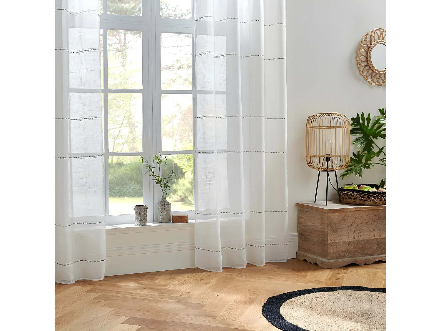 Voilage à œillets Blanc  avec lignes horizontales 140 x 240 cm