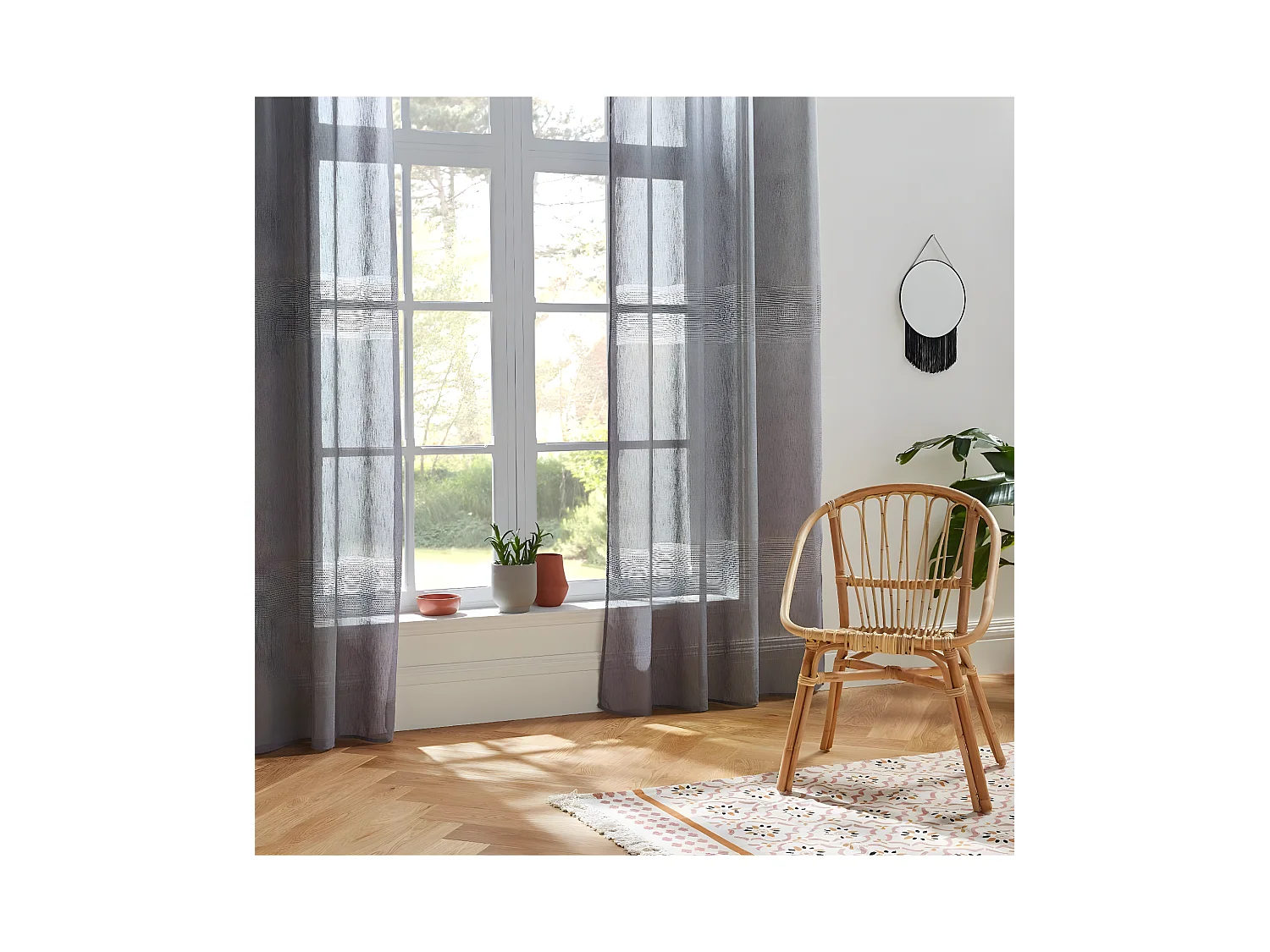 Voilage à œillets Gris effet lin avec motifs ajourés 140 x 240 cm