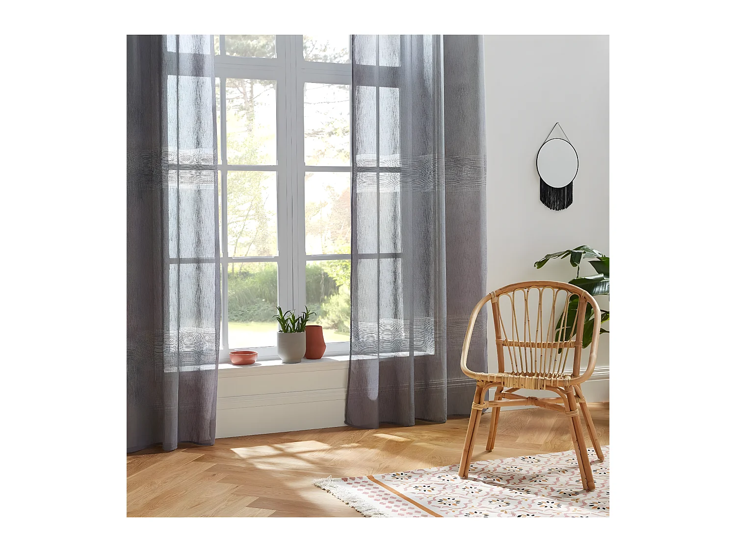 Voilage à œillets Gris effet lin avec motifs ajourés 140 x 240 cm