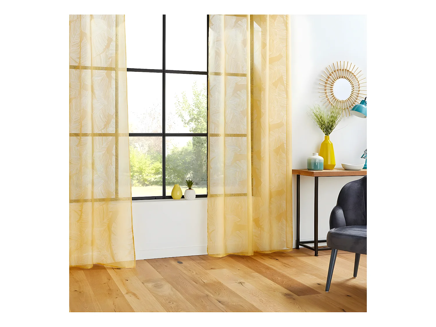 Voilage à œillets Ocre motif Feuille 140 x 240 cm