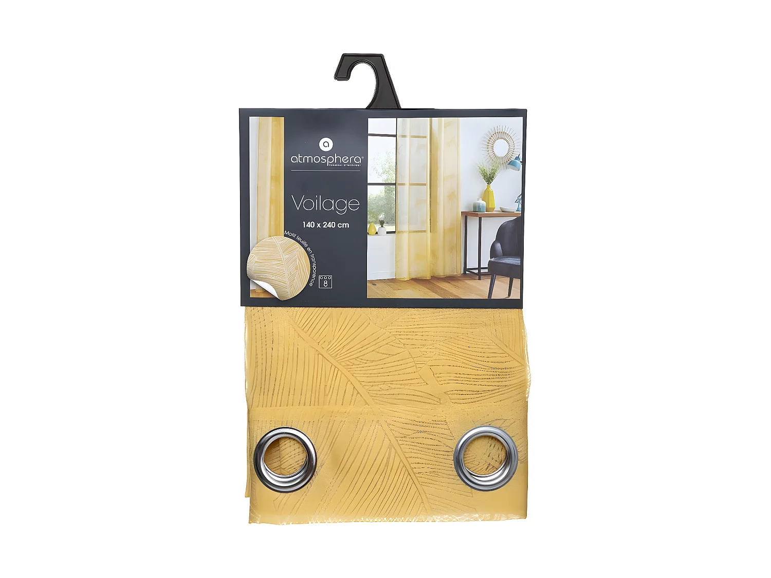 Voilage à œillets Ocre motif Feuille 140 x 240 cm