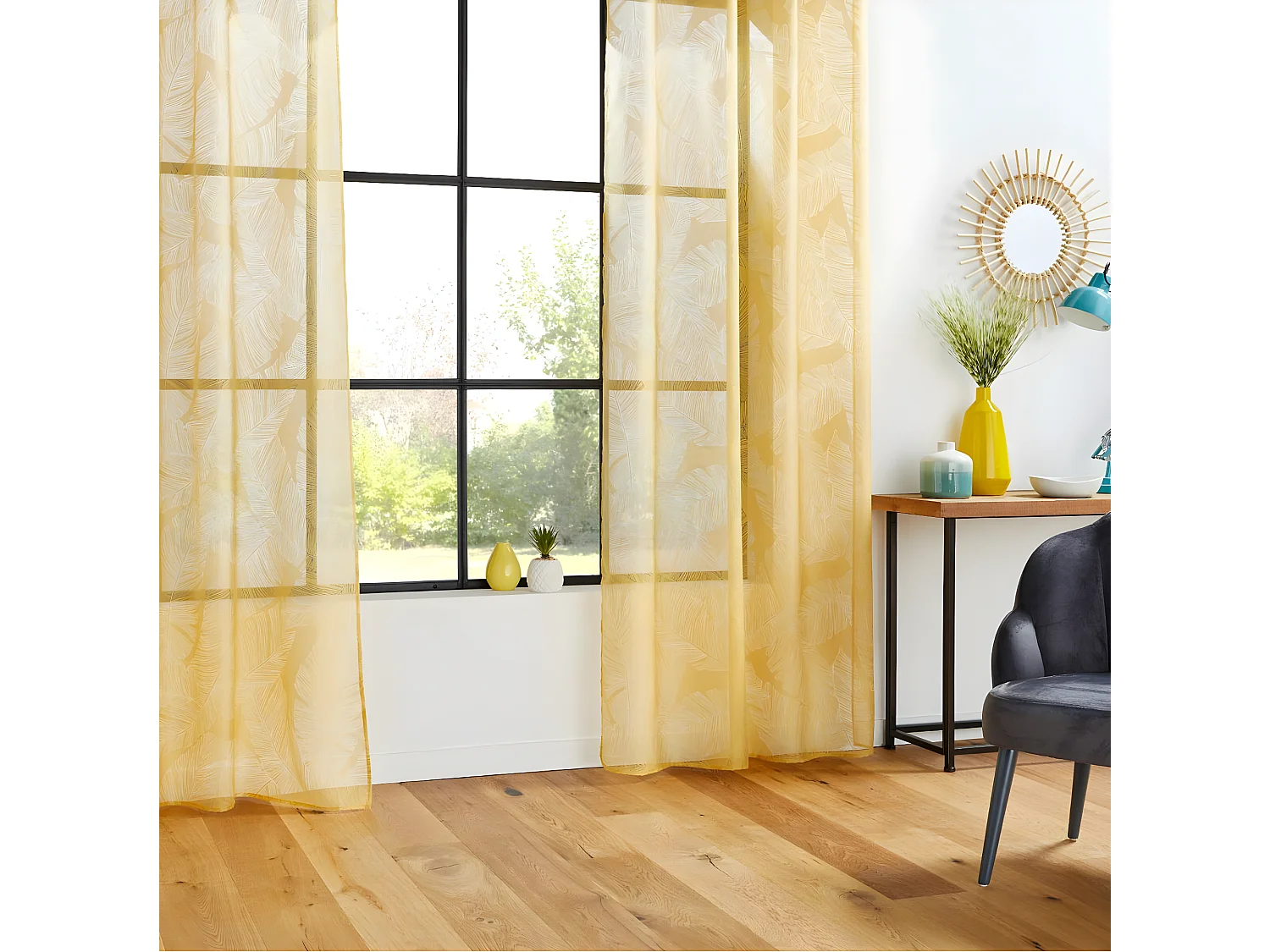 Voilage à œillets Ocre motif Feuille 140 x 240 cm