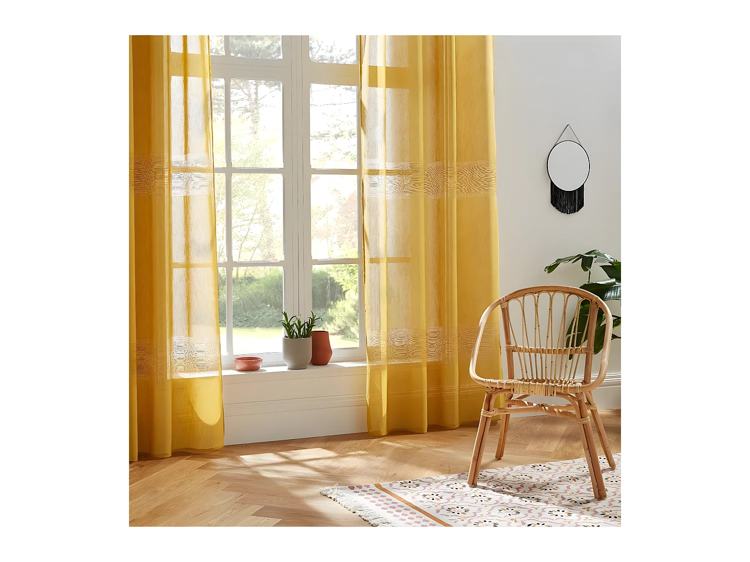 Voilage à œillets Ocre effet lin avec motifs ajourés 140 x 240 cm