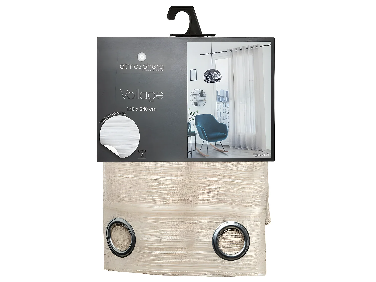 Voilage à œillets Beige Lin tissage à rayures 140 x 240 cm