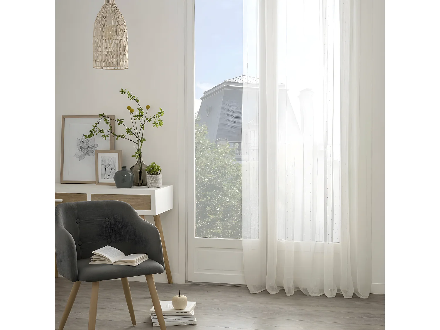 Voilage à œillets  Beige Lin avec fines rayures en relief 140 x 260 cm