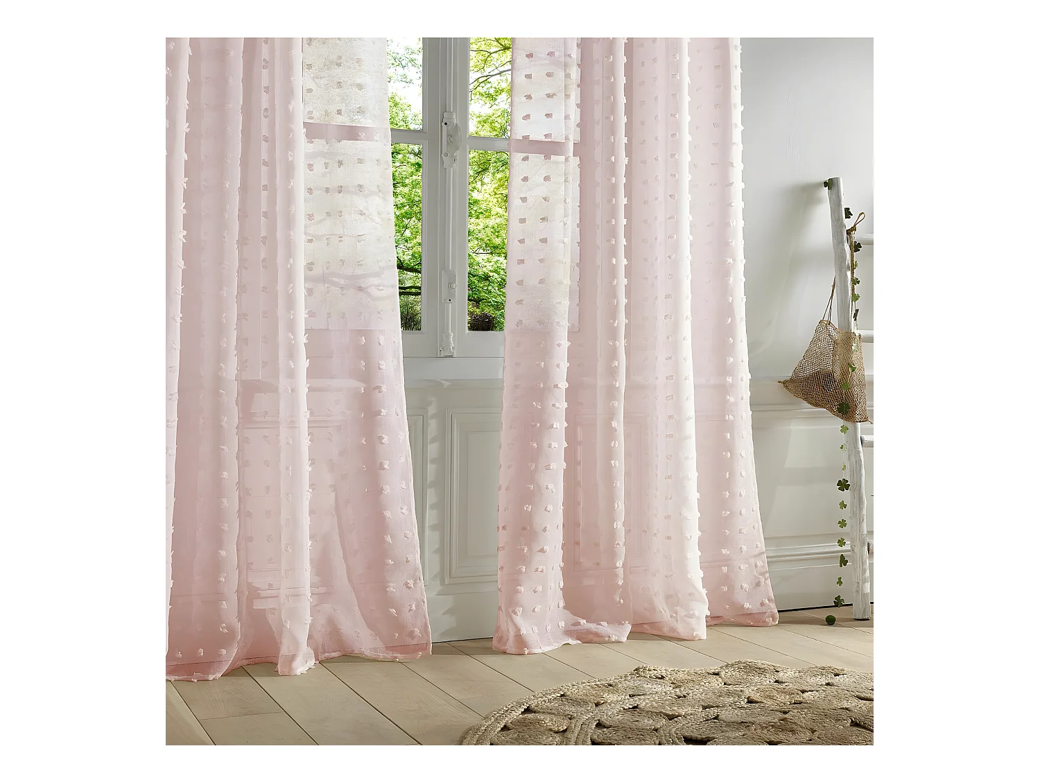 Voilage à œillets Rose motif petits pompons 140 x 240 cm