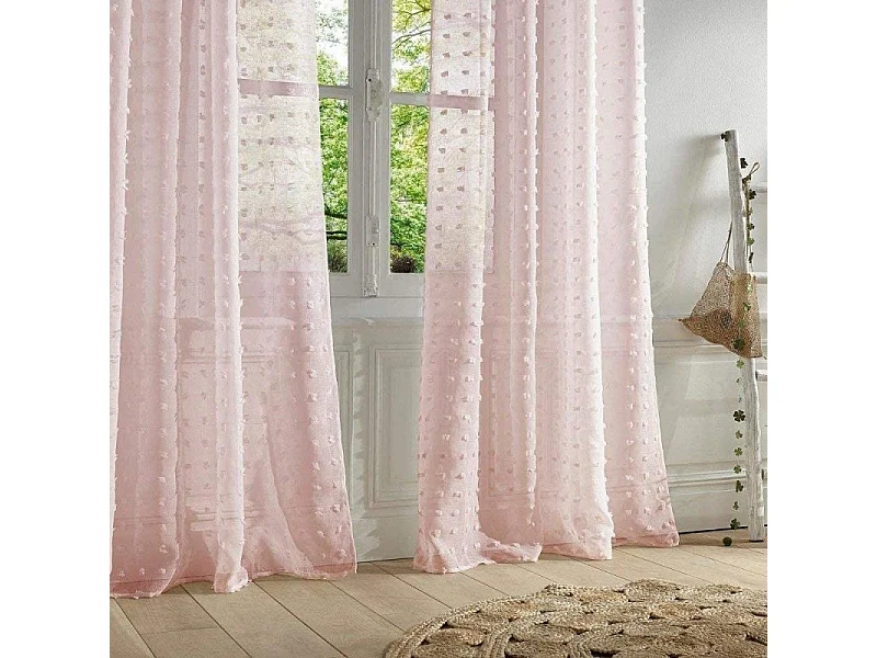 Voilage à œillets Rose motif petits pompons 140 x 240 cm