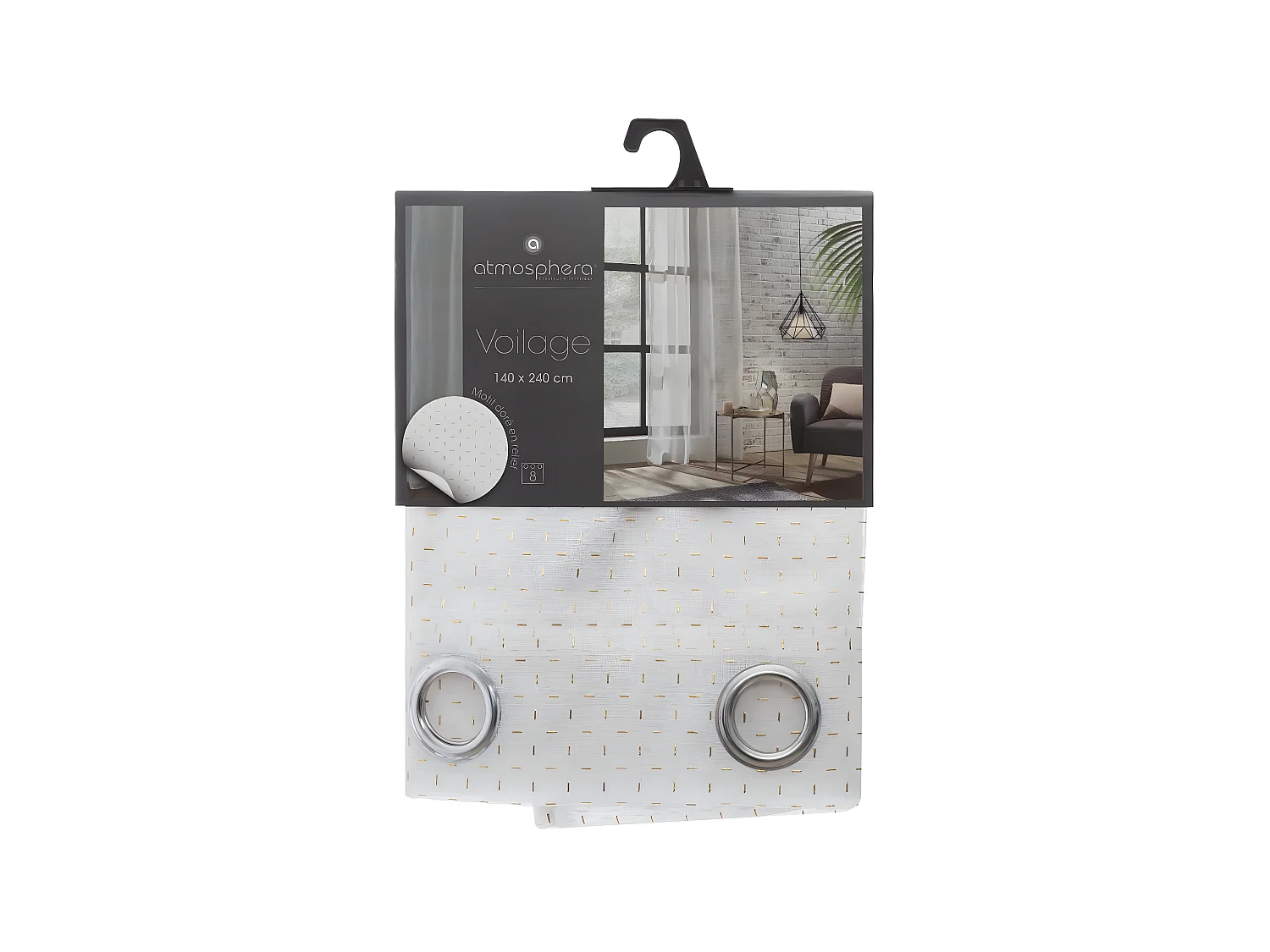 Voilage à œillets Blanc motif Croix Or en relief 140 x 240 cm