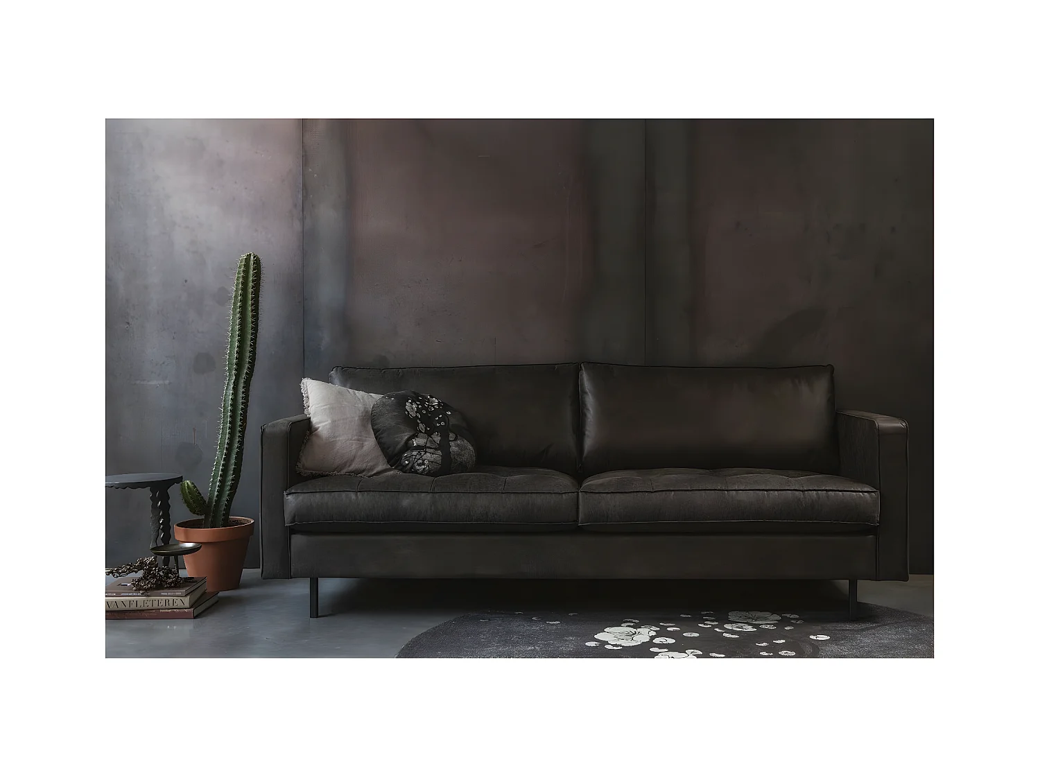RODEO - Canapé vintage 3 places en cuir recyclé noir