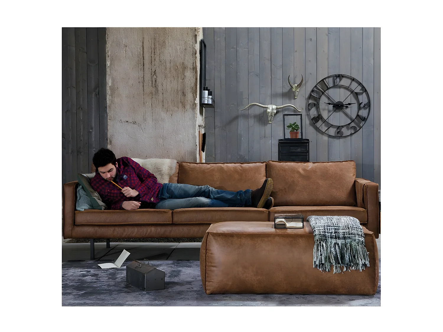 RODEO - Canapé 4 places en cuir recyclé marron