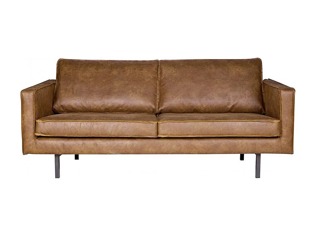 Bronco - Canapé droit 3 places vintage en similicuir avec pieds en métal - Cognac