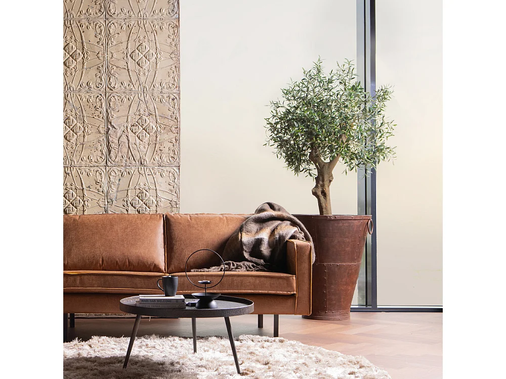 Bronco - Canapé droit 3 places vintage en similicuir avec pieds en métal - Cognac