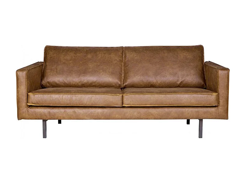 Bronco - Canapé droit 3 places vintage en similicuir avec pieds en métal - Cognac
