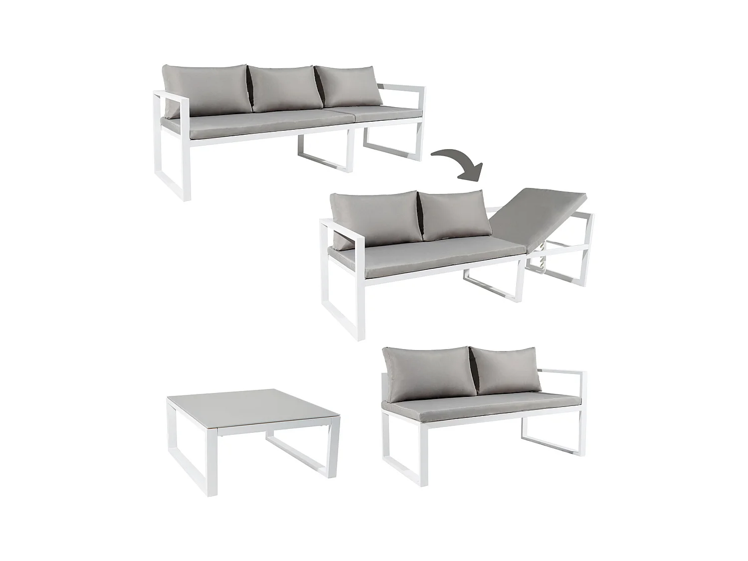 IBIZA modulaire tuinset in grijze stof 4 zitplaatsen - wit aluminium