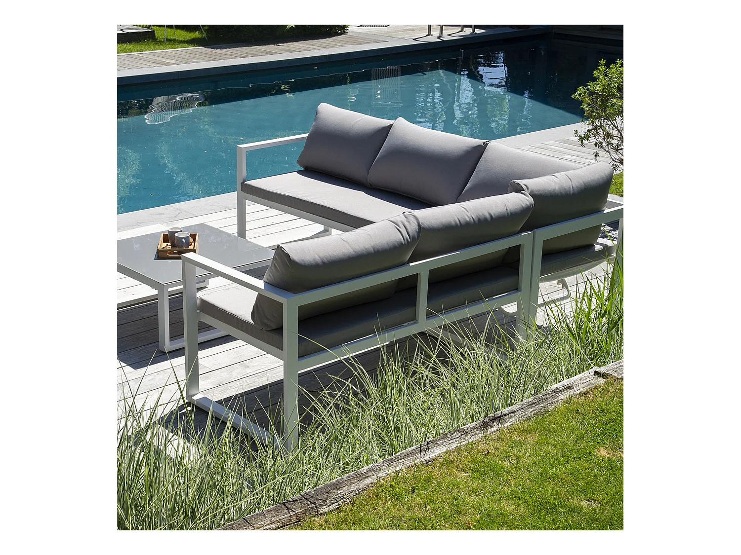 IBIZA modulaire tuinset in grijze stof 4 zitplaatsen - wit aluminium