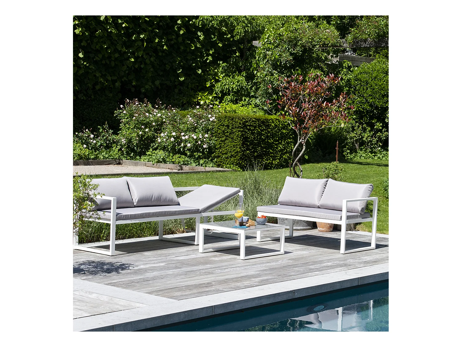 Salon de jardin modulable IBIZA en tissu gris 4 places - aluminium blanc - HAPPY GARDEN