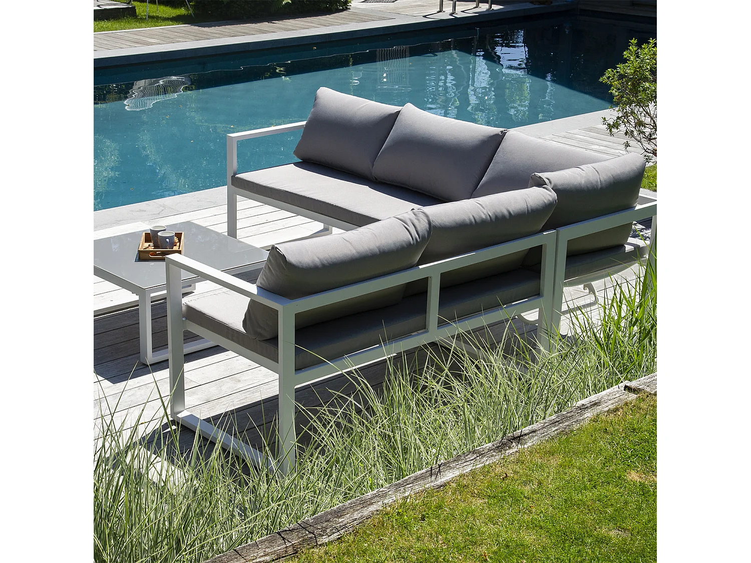 Modularer Gartensalon IBIZA aus grauem Stoff mit 4 Sitzen - Weißaluminium