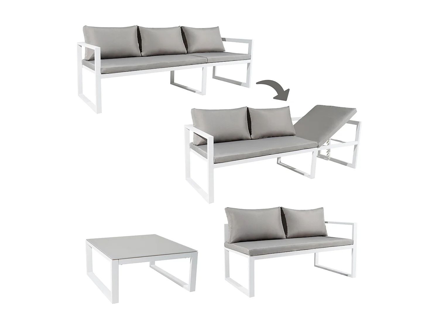 IBIZA modulaire tuinset in grijze stof 4 zitplaatsen - wit aluminium