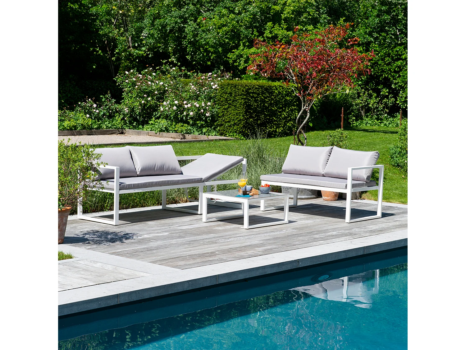 IBIZA modulaire tuinset in grijze stof 4 zitplaatsen - wit aluminium