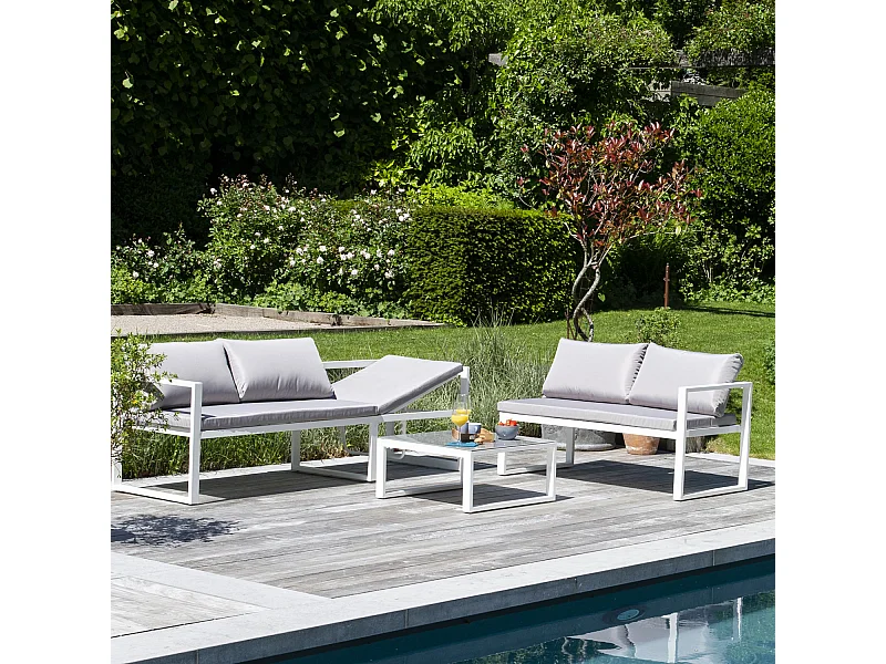 Conjunto de mobiliário modular de jardim IBIZA em tecido cinzento 4 lugares - alumínio branco