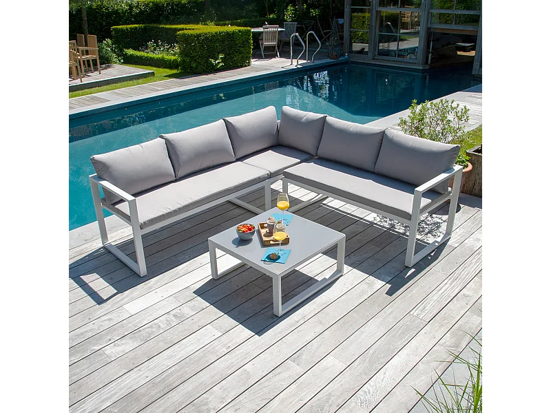 Salon de jardin modulable IBIZA en tissu gris 4 places - aluminium blanc - HAPPY GARDEN