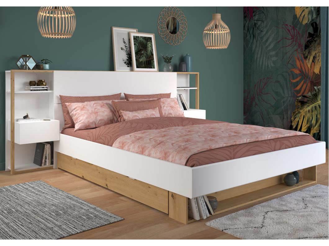 Letto con comodini e scomparti 160 x 200 cm Bianco e Naturale - MISTA