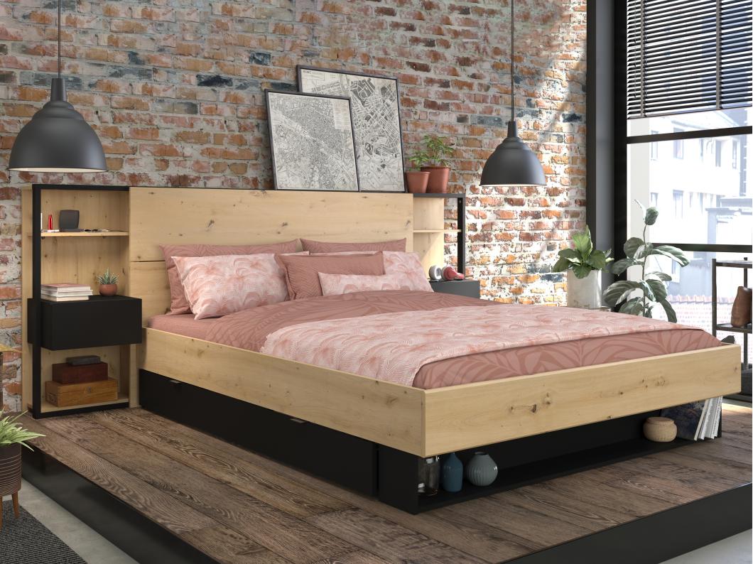 Bed met nachtkastjes en opbergruimtes - 160 x 200 cm - Naturel en zwart - MISTA