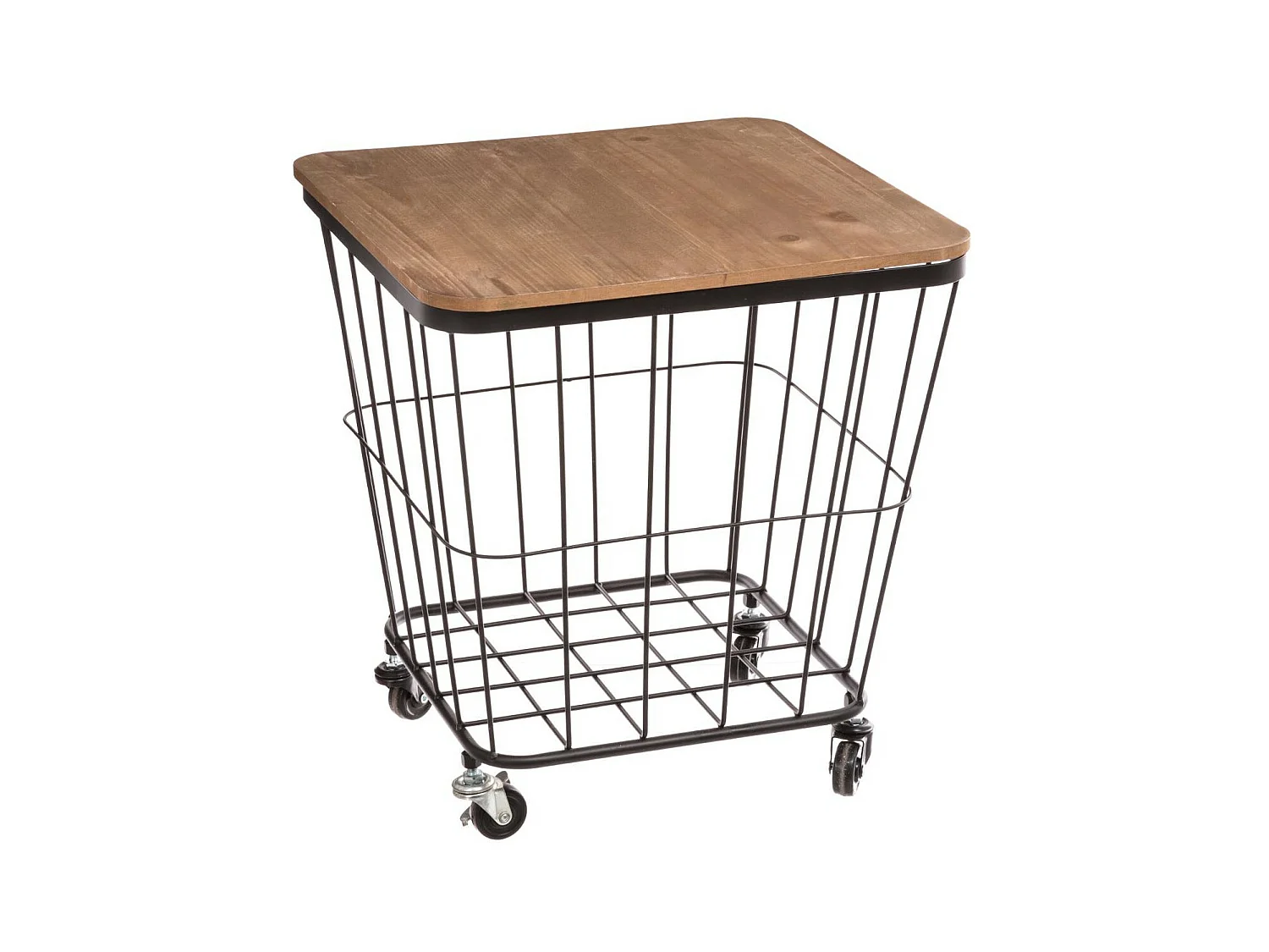 Table coffre grillagé sur roues en métal noir et Bois