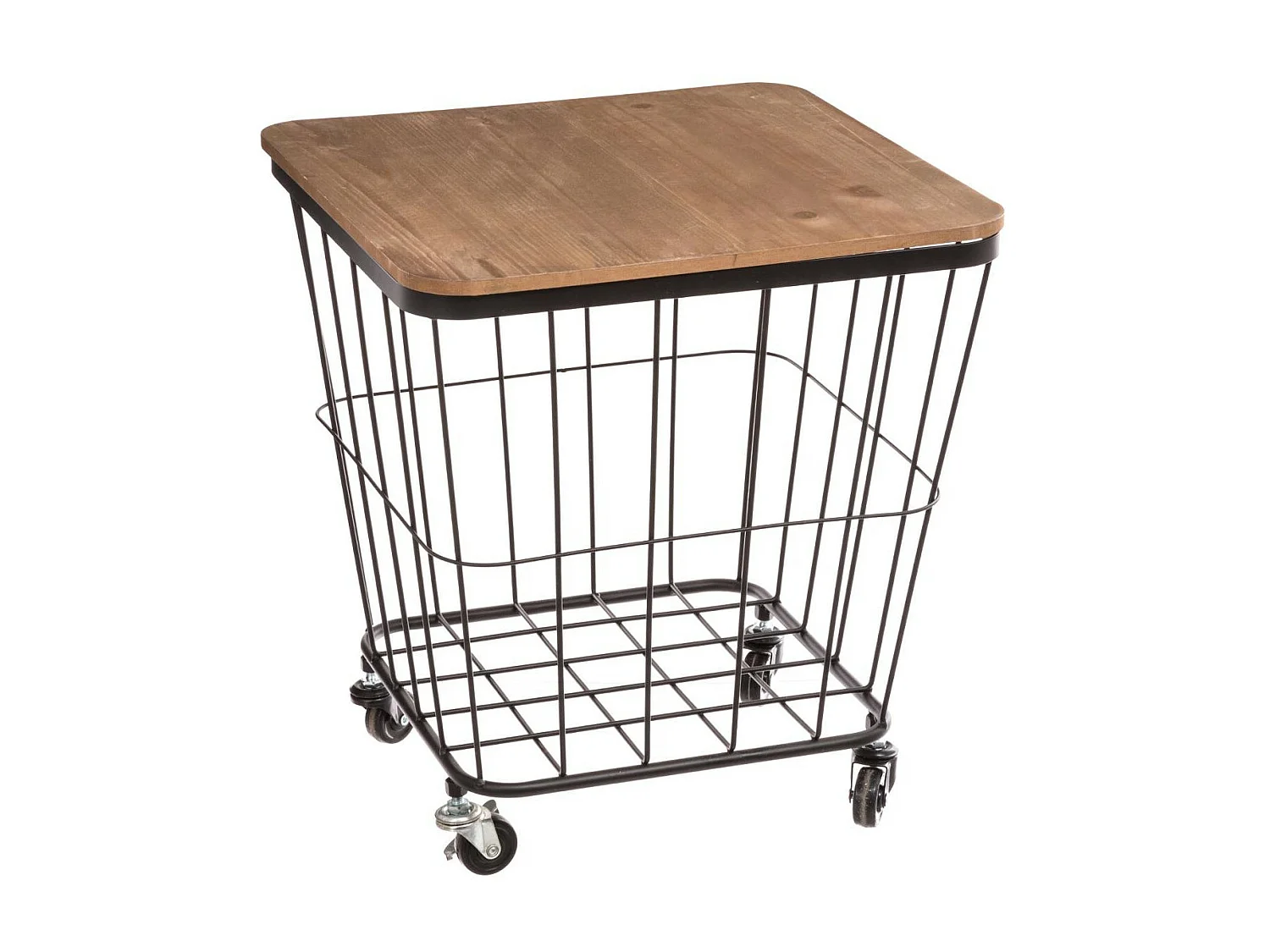 Table coffre grillagé sur roues en métal noir et Bois
