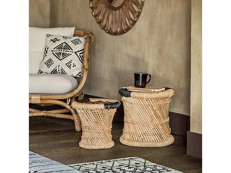 Lot de 2 tables d'appoint en corde noire et beige