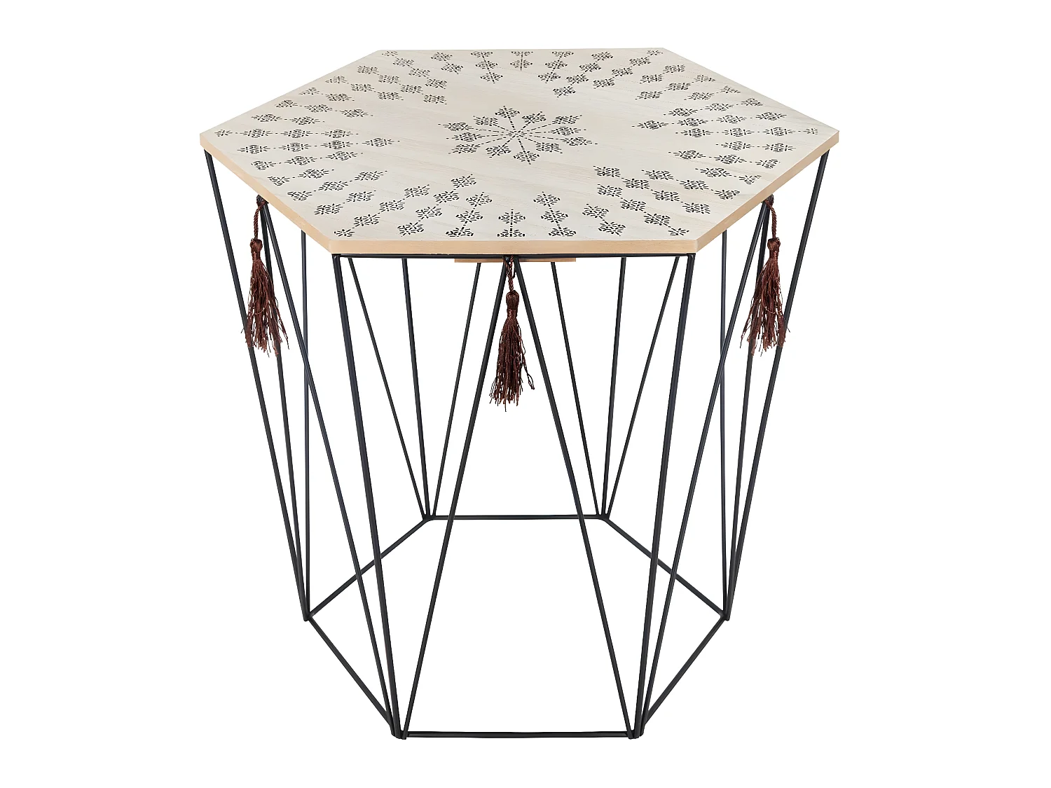 Table à café en métal noir et plateau en Bois déco ethnique H 40 cm