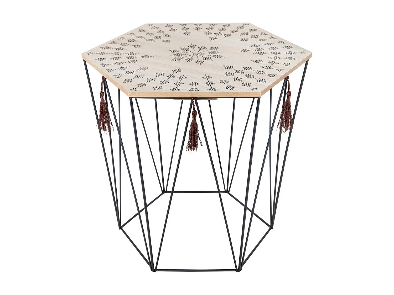 Table à café en métal noir et plateau en Bois déco ethnique H 40 cm