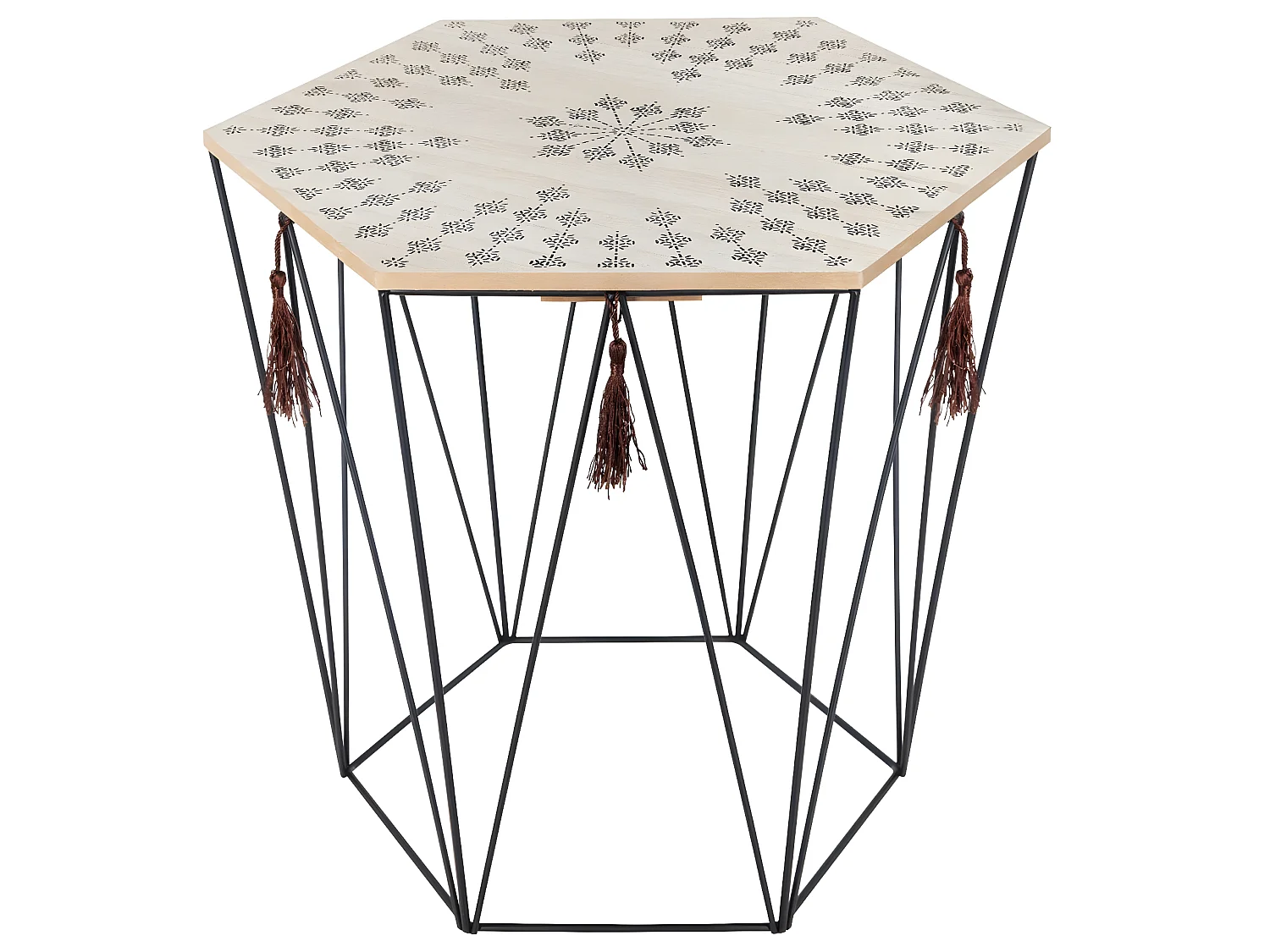 Table à café en métal noir et plateau en Bois déco ethnique H 40 cm