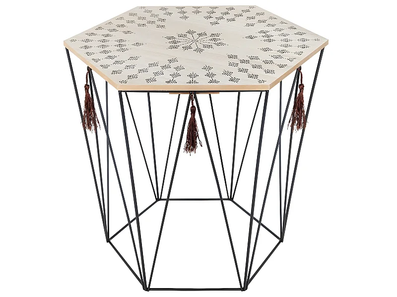 Table à café en métal noir et plateau en Bois déco ethnique H 40 cm