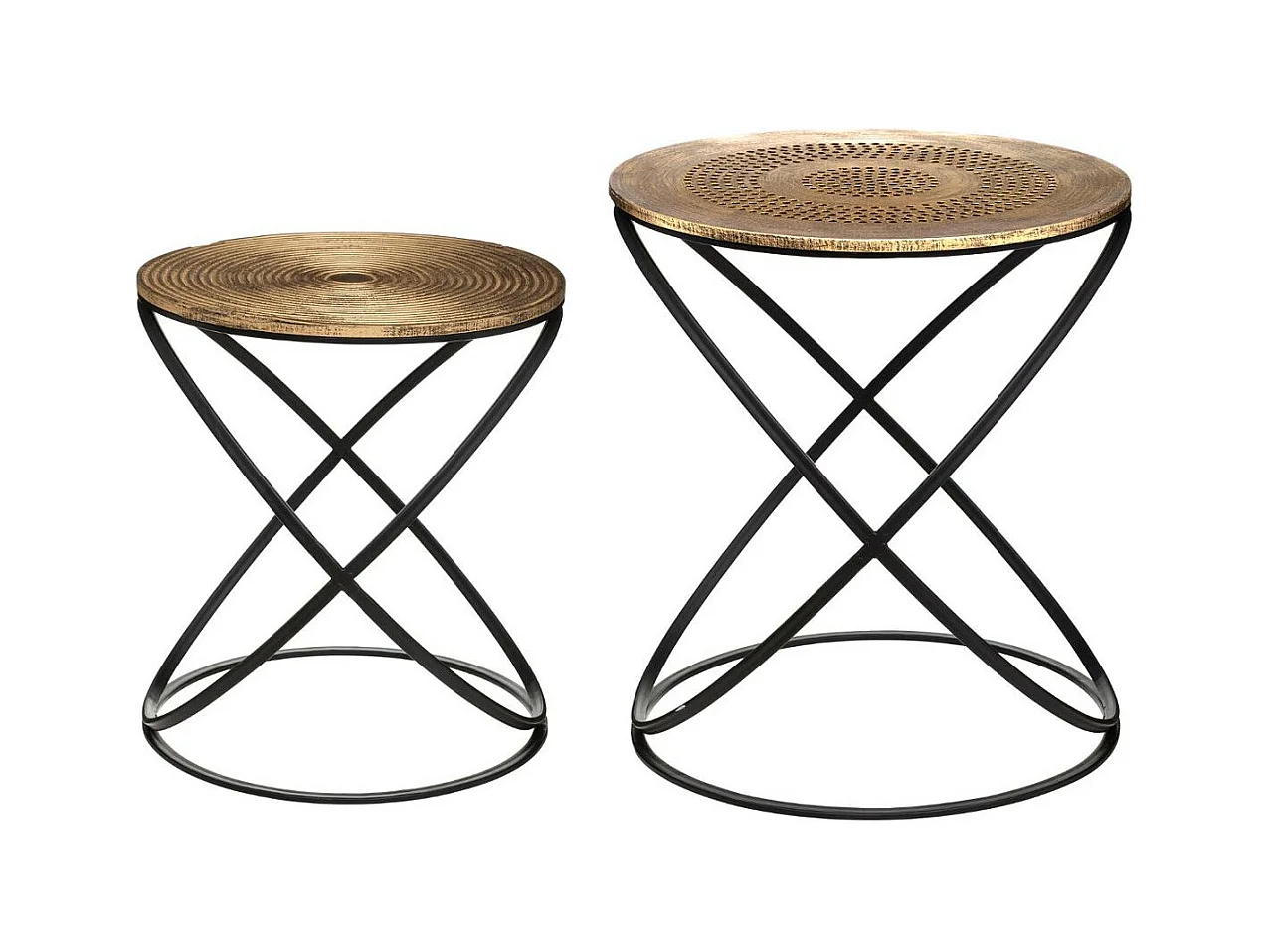 Lot de 2 Tables d'appoint pied en métal et plateau en Bois déco Ethnique