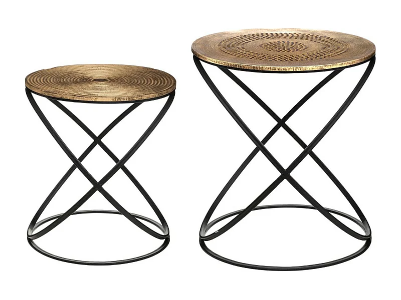 Lot de 2 Tables d'appoint pied en métal et plateau en Bois déco Ethnique